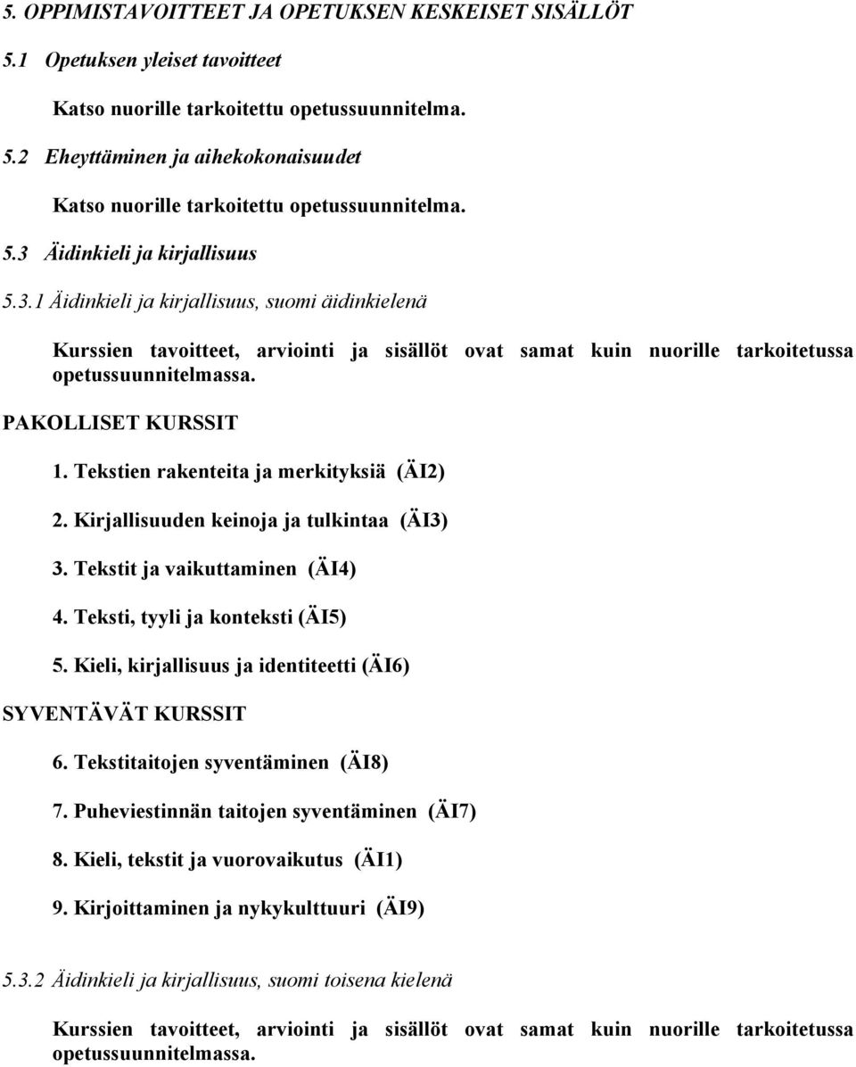 Kirjallisuuden keinoja ja tulkintaa (ÄI3) 3. Tekstit ja vaikuttaminen (ÄI4) 4. Teksti, tyyli ja konteksti (ÄI5) 5. Kieli, kirjallisuus ja identiteetti (ÄI6) 6.