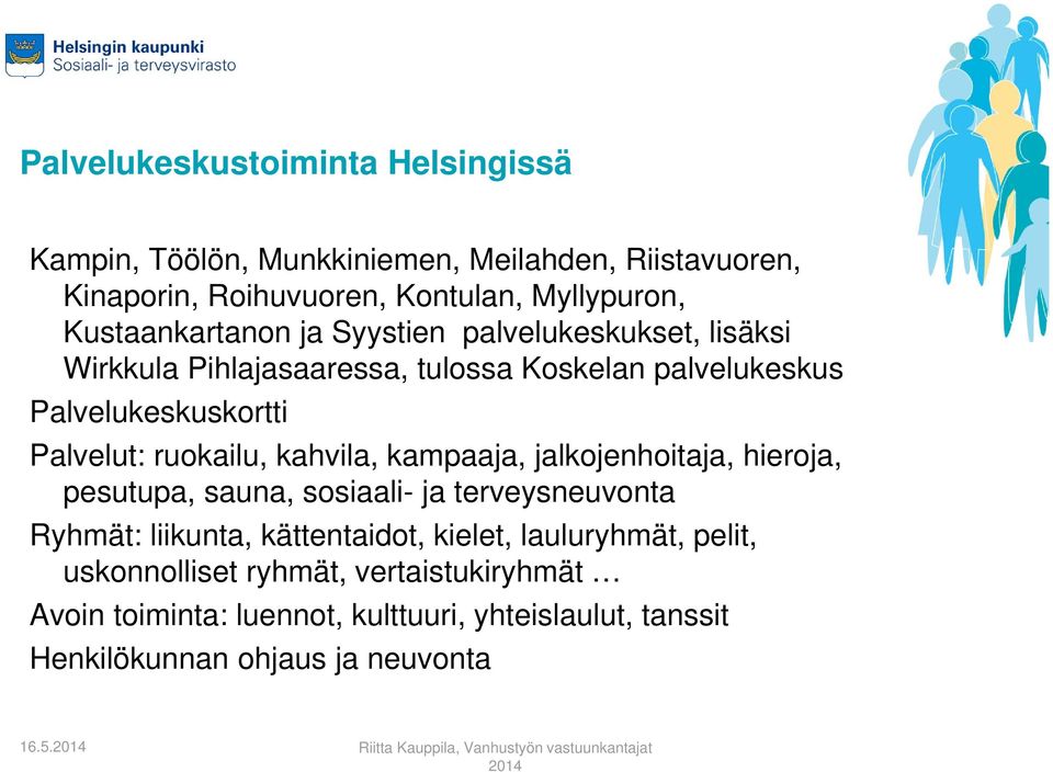 ruokailu, kahvila, kampaaja, jalkojenhoitaja, hieroja, pesutupa, sauna, sosiaali- ja terveysneuvonta Ryhmät: liikunta, kättentaidot, kielet,