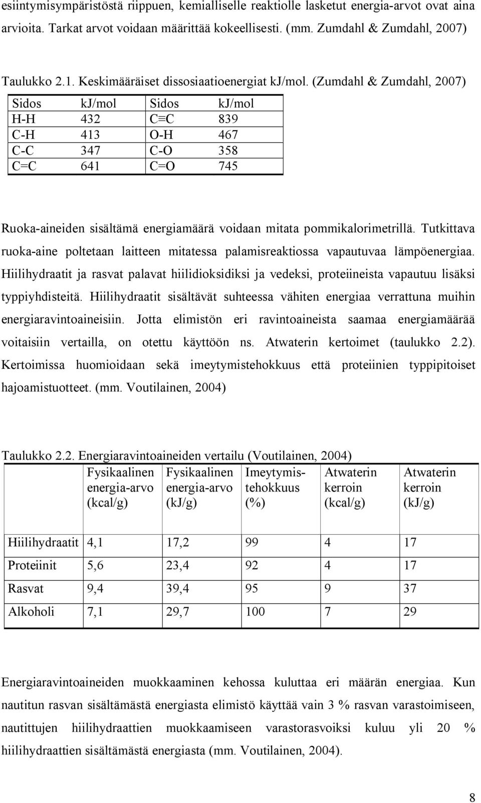 (Zumdahl & Zumdahl, 2007) Sidos kj/mol Sidos kj/mol H-H 432 C 839 C-H 413 O-H 467 C-C 347 C-O 358 C=C 641 C=O 745 Ruoka-aineiden sisältämä energiamäärä voidaan mitata pommikalorimetrillä.