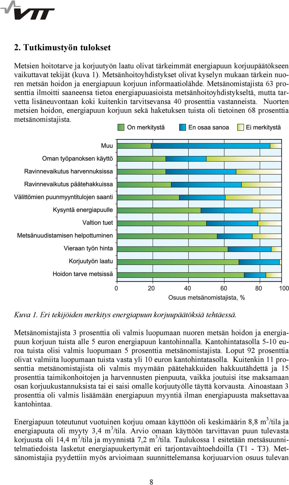 Metsänomistajista 63 prosenttia ilmoitti saaneensa tietoa energiapuuasioista metsänhoitoyhdistykseltä, mutta tarvetta lisäneuvontaan koki kuitenkin tarvitsevansa 40 prosenttia vastanneista.