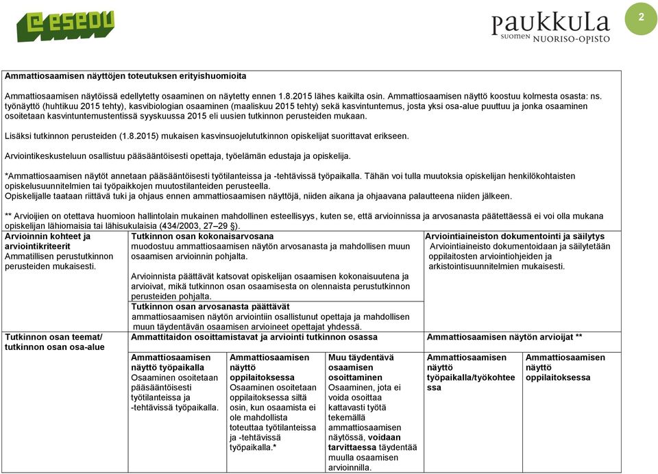 uusien tutkinnon perusteiden mukaan. Lisäksi tutkinnon perusteiden (1.8.2015) mukaisen kasvinsuojelututkinnon opiskelijat suorittavat erikseen.