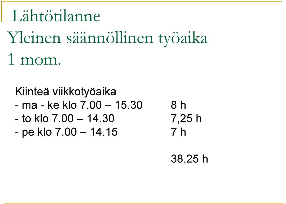 Kiinteä viikkotyöaika - ma - ke klo 7.