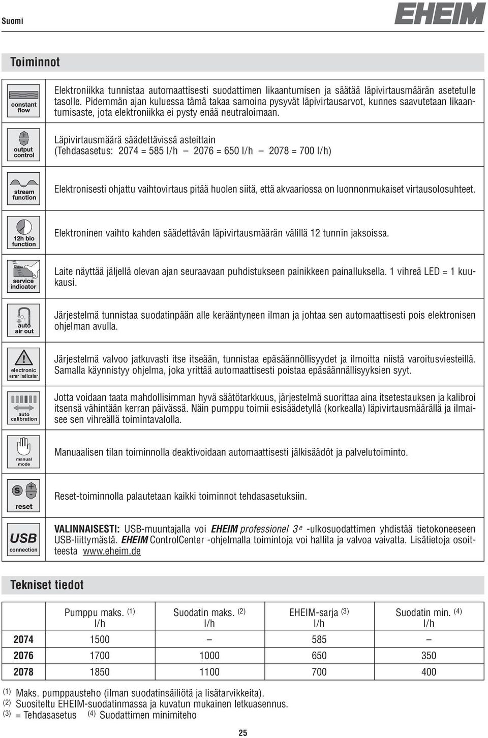 Läpivirtausmäärä säädettävissä asteittain (Tehdasasetus: 2074 = 585 l/h 2076 = 650 l/h 2078 = 700 l/h) Elektronisesti ohjattu vaihtovirtaus pitää huolen siitä, että akvaariossa on luonnonmukaiset