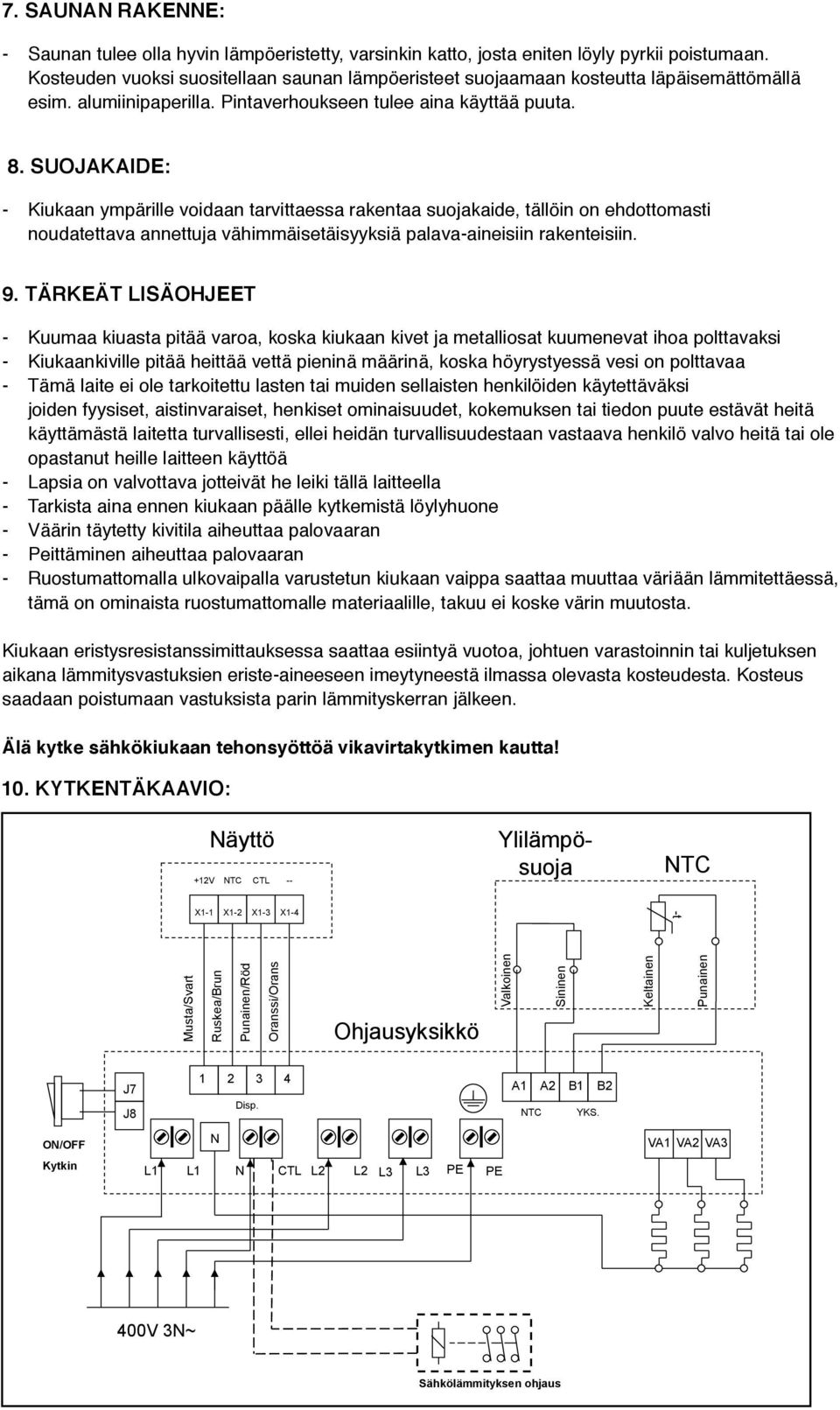 SUOJAKAIDE: - Kiukaan ympärille voidaan tarvittaessa rakentaa suojakaide, tällöin on ehdottomasti noudatettava annettuja vähimmäisetäisyyksiä palava-aineisiin rakenteisiin. 9.