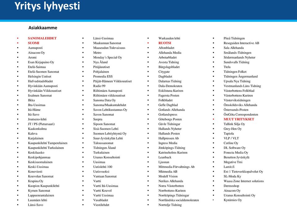 Keskilaasko Keskipohjanmaa Keskisuomalainen Keski-Uusimaa Koneviesti Kouvolan Sanomat Krapina Oy Kuopion Kaupunkilehti Kymen Sanomat Lappeenrantalainen Luumäen lehti Länsi-Savo Länsi-Uusimaa