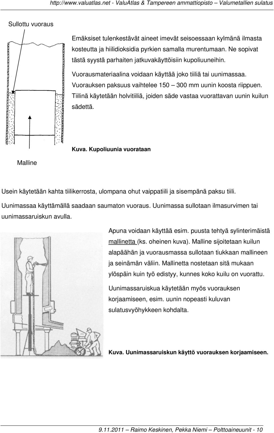 Tiilinä käytetään holvitiiliä, joiden säde vastaa vuorattavan uunin kuilun sädettä. Malline Kuva.