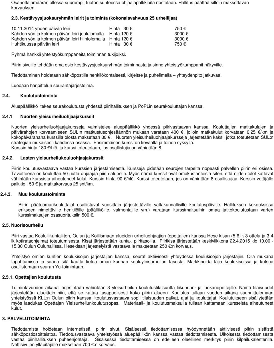 750 Kahden yön ja kolmen päivän leiri joululomalla Hinta 120 3000 Kahden yön ja kolmen päivän leiri hiihtolomalla Hinta 120 3000 Huhtikuussa päivän leiri Hinta 30 750 Ryhmä hankkii