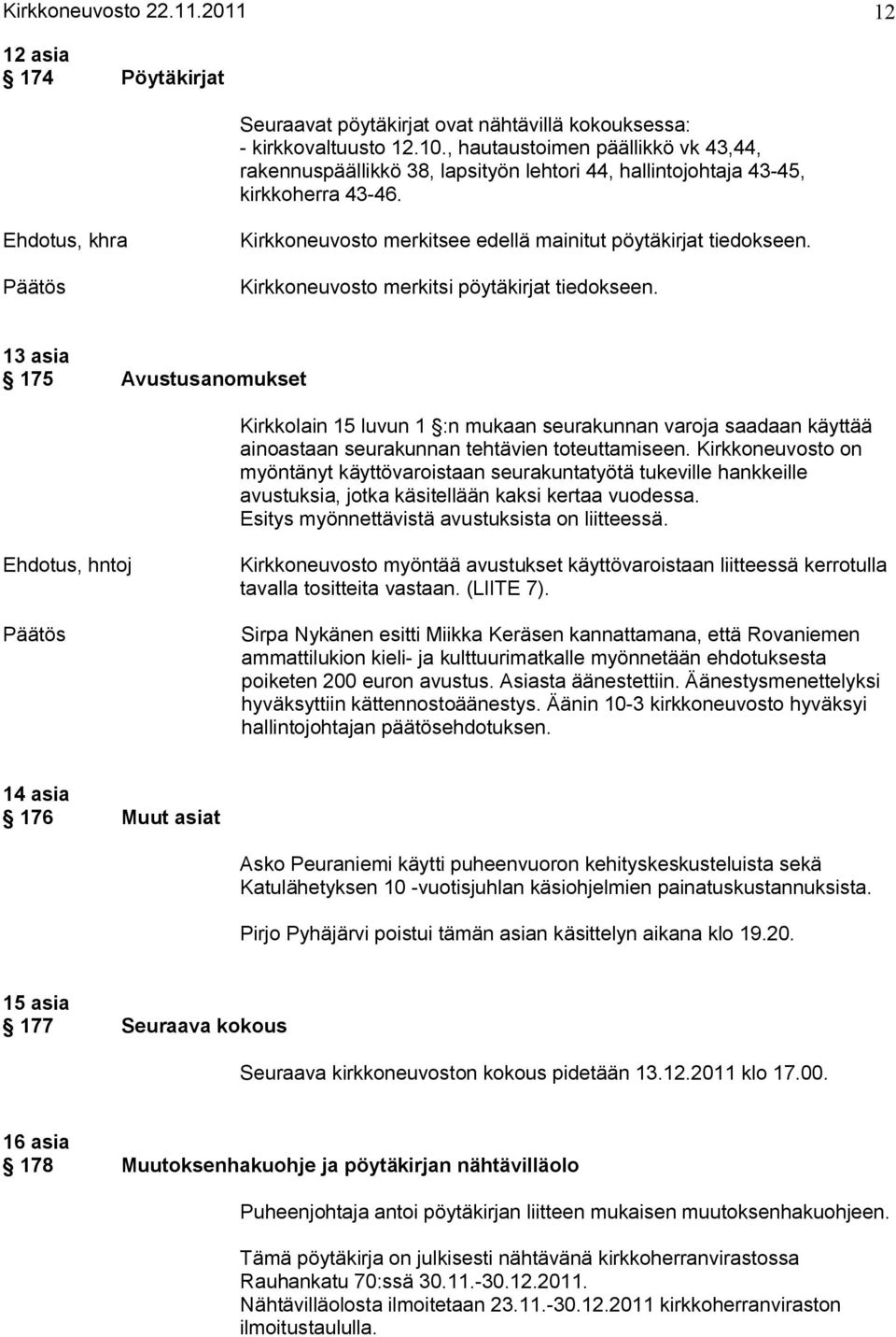 Kirkkoneuvosto merkitsi pöytäkirjat tiedokseen. 13 asia 175 Avustusanomukset Kirkkolain 15 luvun 1 :n mukaan seurakunnan varoja saadaan käyttää ainoastaan seurakunnan tehtävien toteuttamiseen.