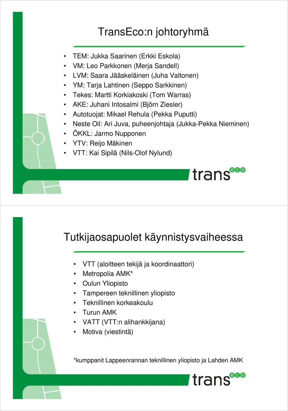 Jarmo Nupponen YTV: Reijo Mäkinen VTT: Kai Sipilä (Nils-Olof Nylund) Tutkijaosapuolet käynnistysvaiheessa VTT (aloitteen tekijä ja koordinaattori) Metropolia AMK* Oulun