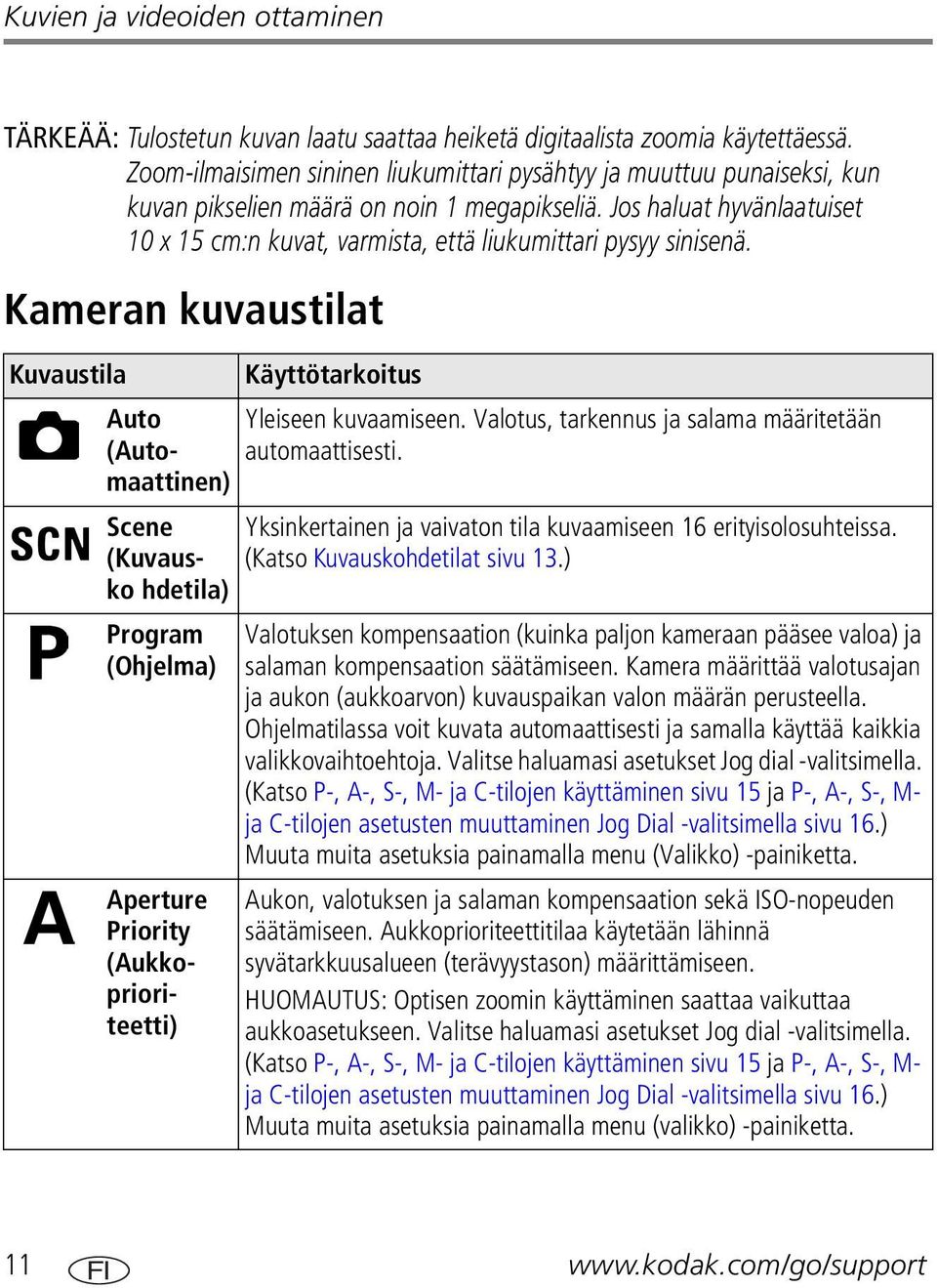 Jos haluat hyvänlaatuiset 10 x 15 cm:n kuvat, varmista, että liukumittari pysyy sinisenä.