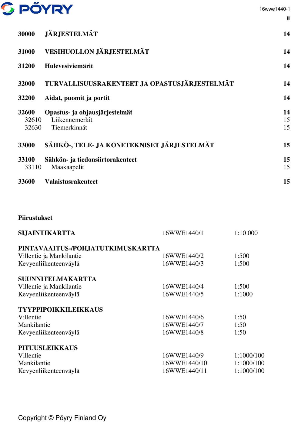 Valaistusrakenteet 15 iii Piirustukset SIJAINTIKARTTA 16WWE1440/1 1:10 000 PINTAVAAITUS-/POHJATUTKIMUSKARTTA Villentie ja Mankilantie 16WWE1440/2 1:500 Kevyenliikenteenväylä 16WWE1440/3 1:500