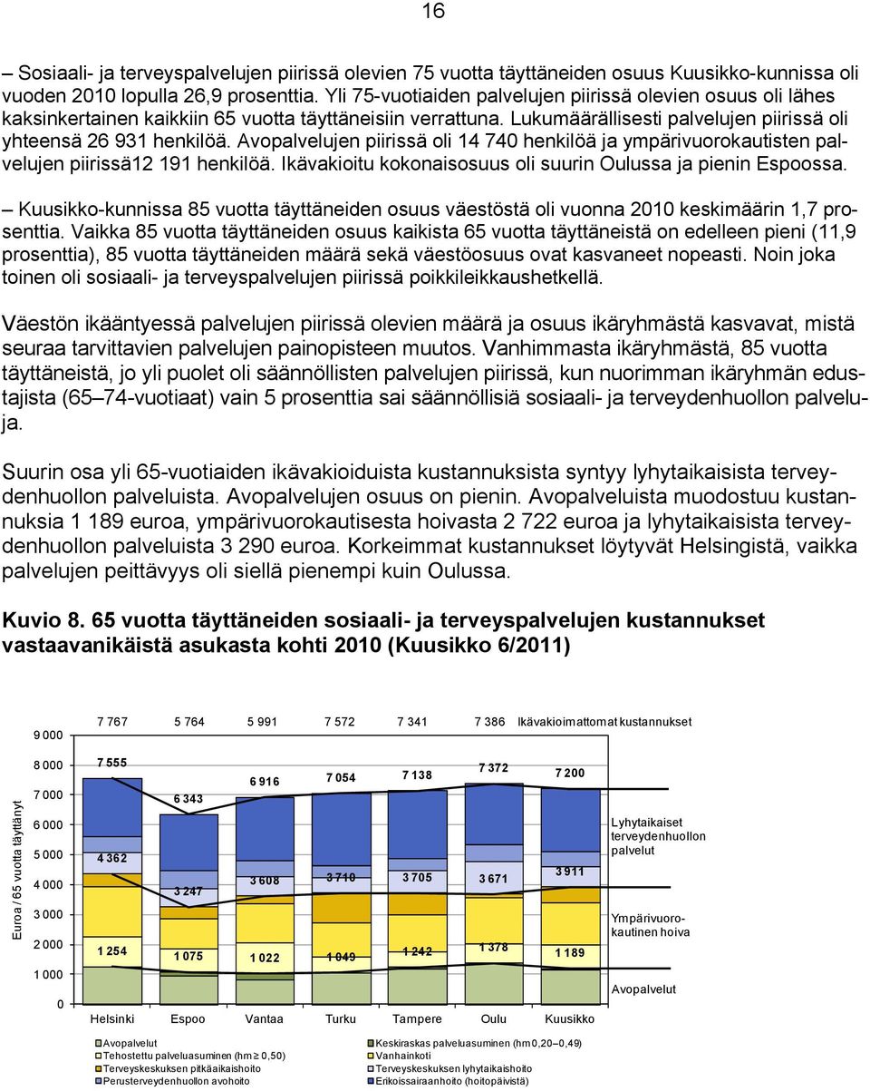 Avopalvelujen piirissä oli 14 740 henkilöä ja ympärivuorokautisten palvelujen piirissä12 191 henkilöä. Ikävakioitu kokonaisosuus oli suurin Oulussa ja pienin Espoossa.