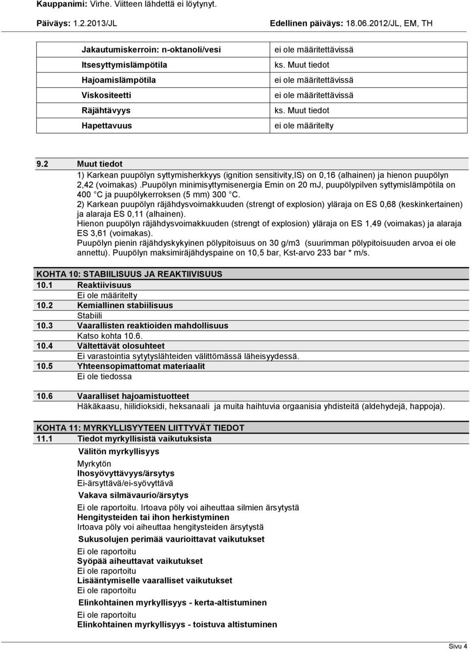 puupölyn minimisyttymisenergia Emin on 20 mj, puupölypilven syttymislämpötila on 400 C ja puupölykerroksen (5 mm) 300 C.