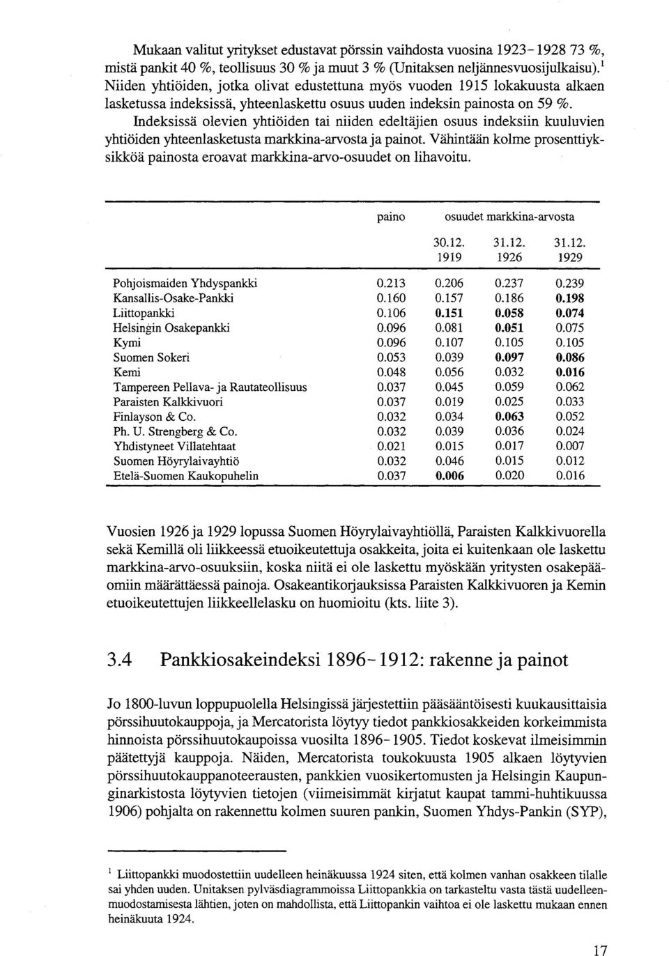 Indeksissä olevien yhtiöiden tai niiden edeltäjien osuus indeksiin kuuluvien yhtiöiden yhteenlasketusta markkina-arvosta ja painot.