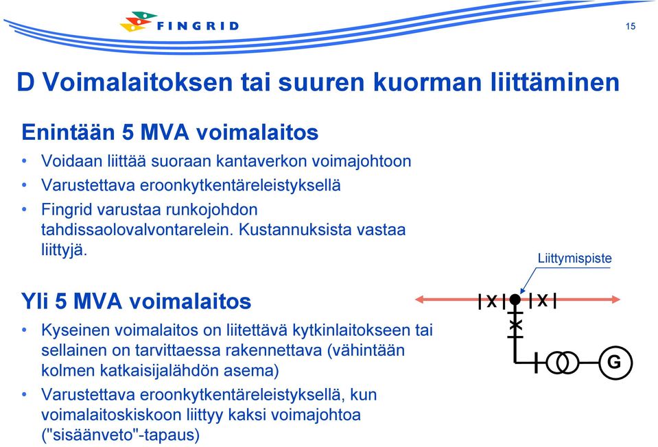 Liittymispiste Yli 5 MVA voimalaitos Kyseinen voimalaitos on liitettävä kytkinlaitokseen tai sellainen on tarvittaessa rakennettava