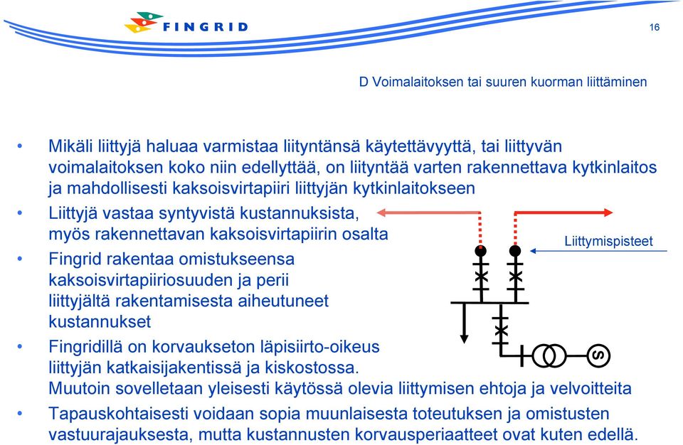 omistukseensa kaksoisvirtapiiriosuuden ja perii liittyjältä rakentamisesta aiheutuneet kustannukset Fingridillä on korvaukseton läpisiirto-oikeus liittyjän katkaisijakentissä ja kiskostossa.