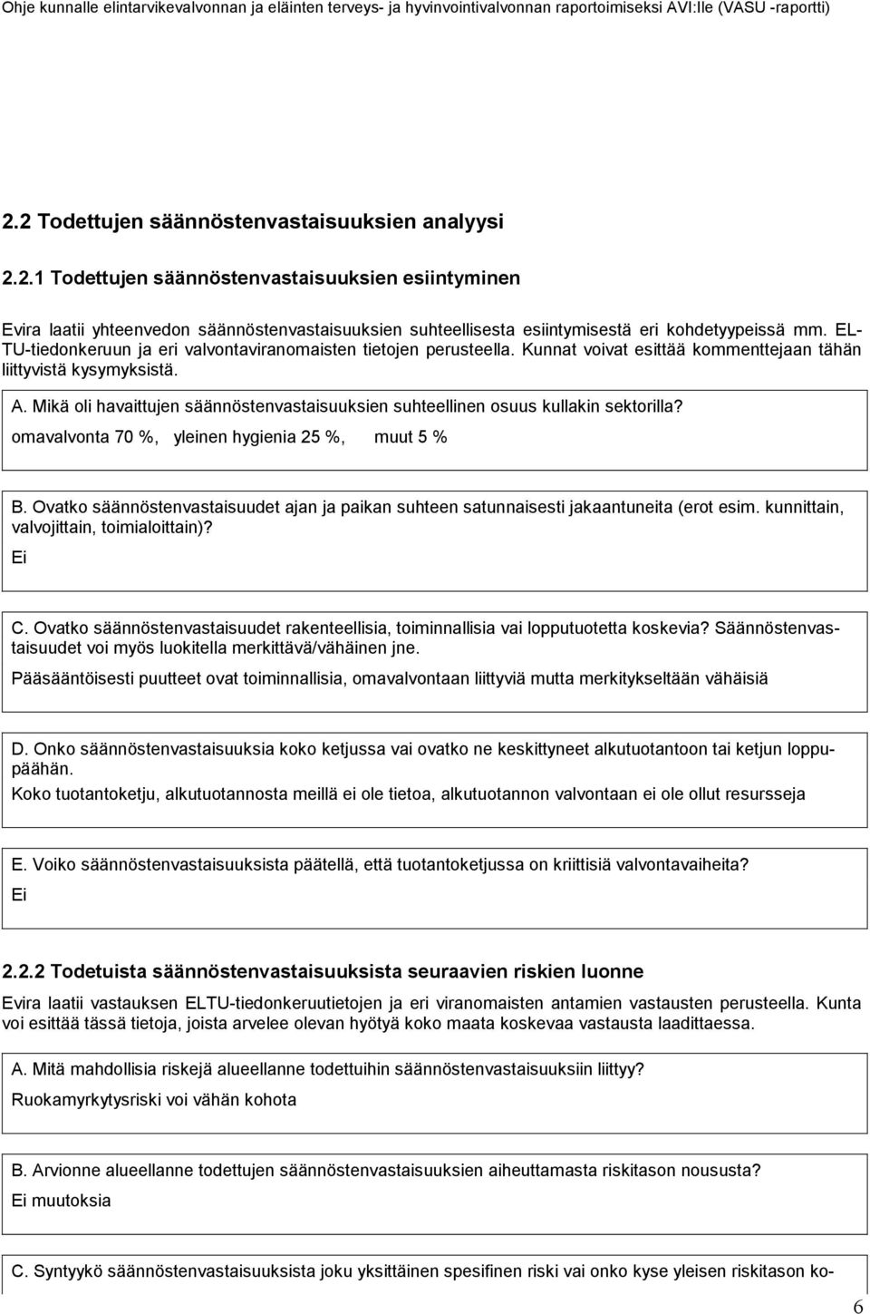 Mikä oli havaittujen säännöstenvastaisuuksien suhteellinen osuus kullakin sektorilla? omavalvonta 70 %, yleinen hygienia 25 %, muut 5 % B.