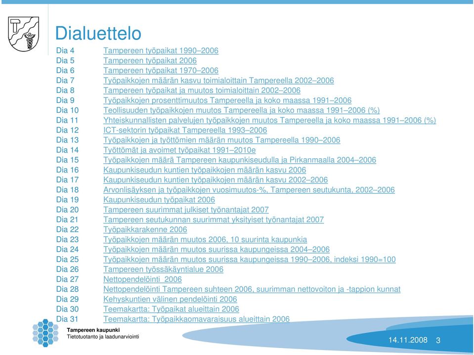 Dia 11 Yhteiskunnallisten palvelujen työpaikkojen muutos Tampereella ja koko maassa 1991 2006 (%) Dia 12 ICT-sektorin työpaikat Tampereella 1993 2006 Dia 13 Työpaikkojen ja työttömien määrän muutos