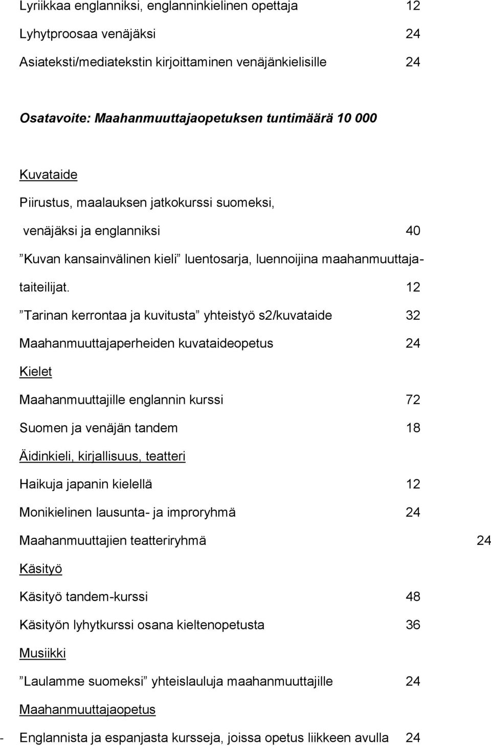 12 Tarinan kerrontaa ja kuvitusta yhteistyö s2/kuvataide 32 Maahanmuuttajaperheiden kuvataideopetus 24 Kielet Maahanmuuttajille englannin kurssi 72 Suomen ja venäjän tandem 18 Äidinkieli,