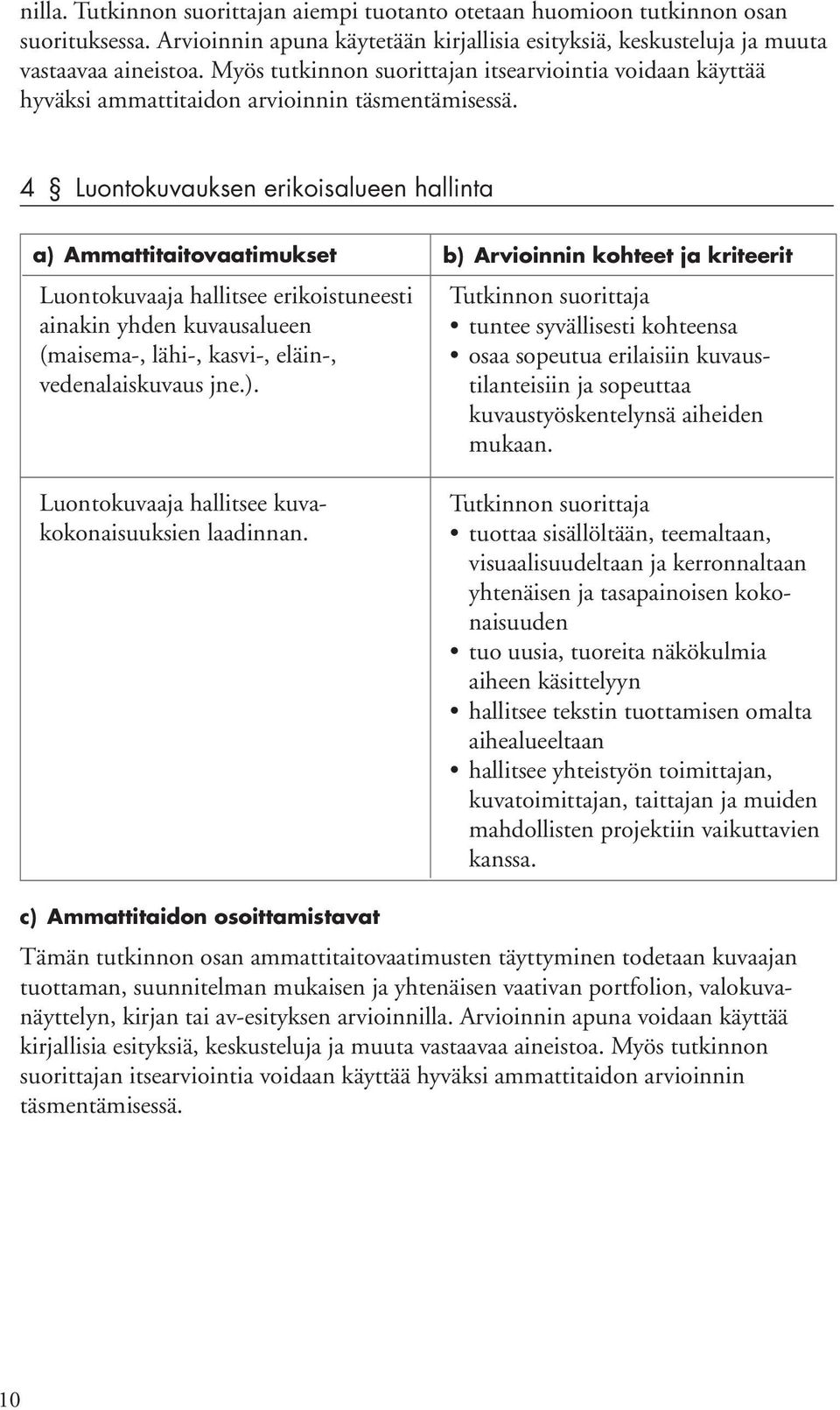 4 Luontokuvauksen erikoisalueen hallinta Luontokuvaaja hallitsee erikoistuneesti ainakin yhden kuvausalueen (maisema-, lähi-, kasvi-, eläin-, vedenalaiskuvaus jne.).