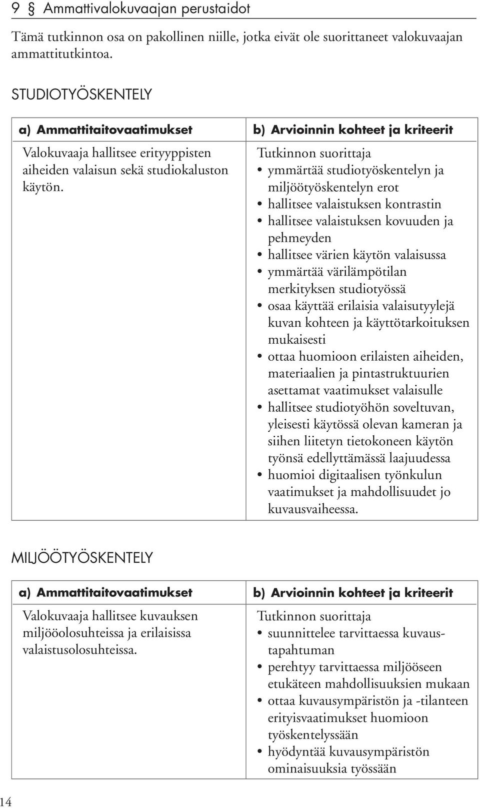 ymmärtää studiotyöskentelyn ja miljöötyöskentelyn erot hallitsee valaistuksen kontrastin hallitsee valaistuksen kovuuden ja pehmeyden hallitsee värien käytön valaisussa ymmärtää värilämpötilan