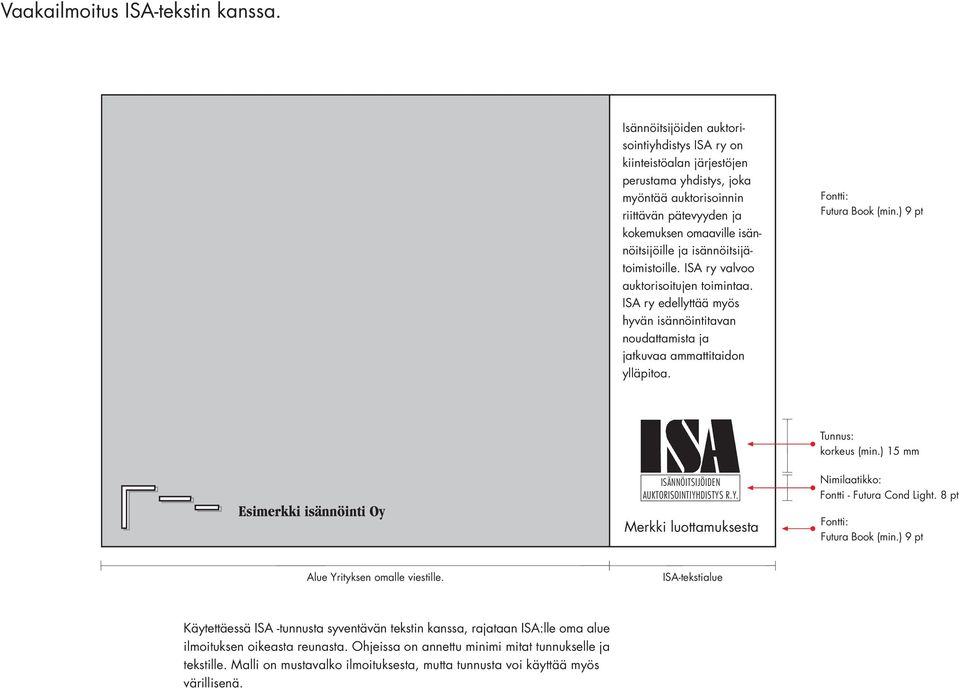 isännöitsijätoimistoille. ISA ry valvoo auktorisoitujen toimintaa. ISA ry edellyttää myös hyvän isännöintitavan noudattamista ja jatkuvaa ammattitaidon ylläpitoa. Fontti: Futura Book (min.