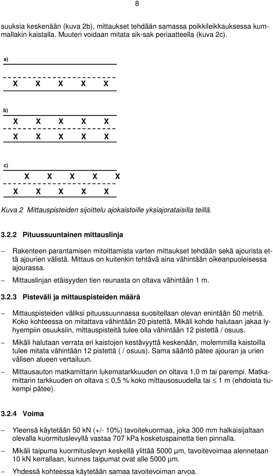 Mittaus on kuitenkin tehtävä aina vähintään oikeanpuoleisessa ajourassa. Mittauslinjan etäisyyden tien reunasta on oltava vähintään 1 m. 3.2.