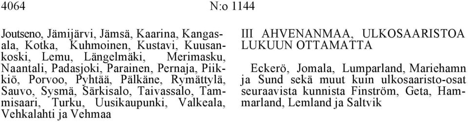 Kangasala, Kotka, Kuhmoinen, Kustavi, Kuusankoski, Lemu, Längelmäki, Merimasku, Naantali, Padasjoki, Parainen, Pernaja,