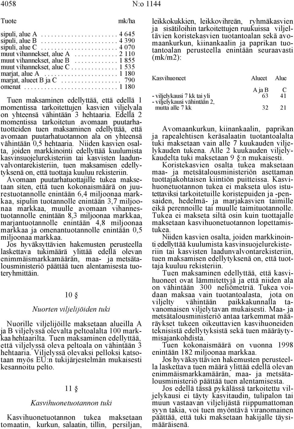 Edellä 2 momentissa tarkoitetun avomaan puutarhatuotteiden tuen maksaminen edellyttää, että avomaan puutarhatuotannon ala on yhteensä vähintään 0,5 hehtaaria.