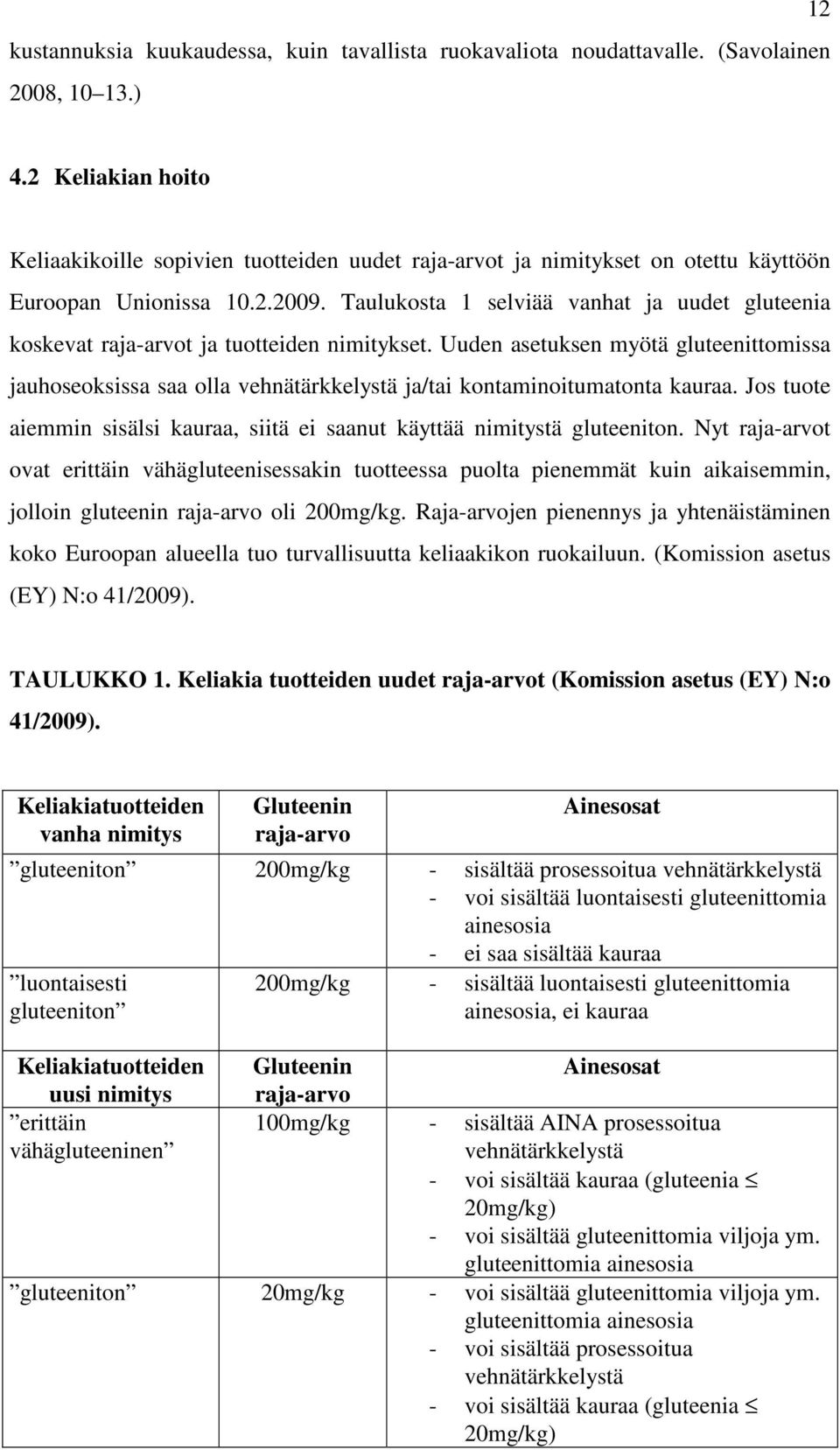 Taulukosta 1 selviää vanhat ja uudet gluteenia koskevat raja-arvot ja tuotteiden nimitykset.