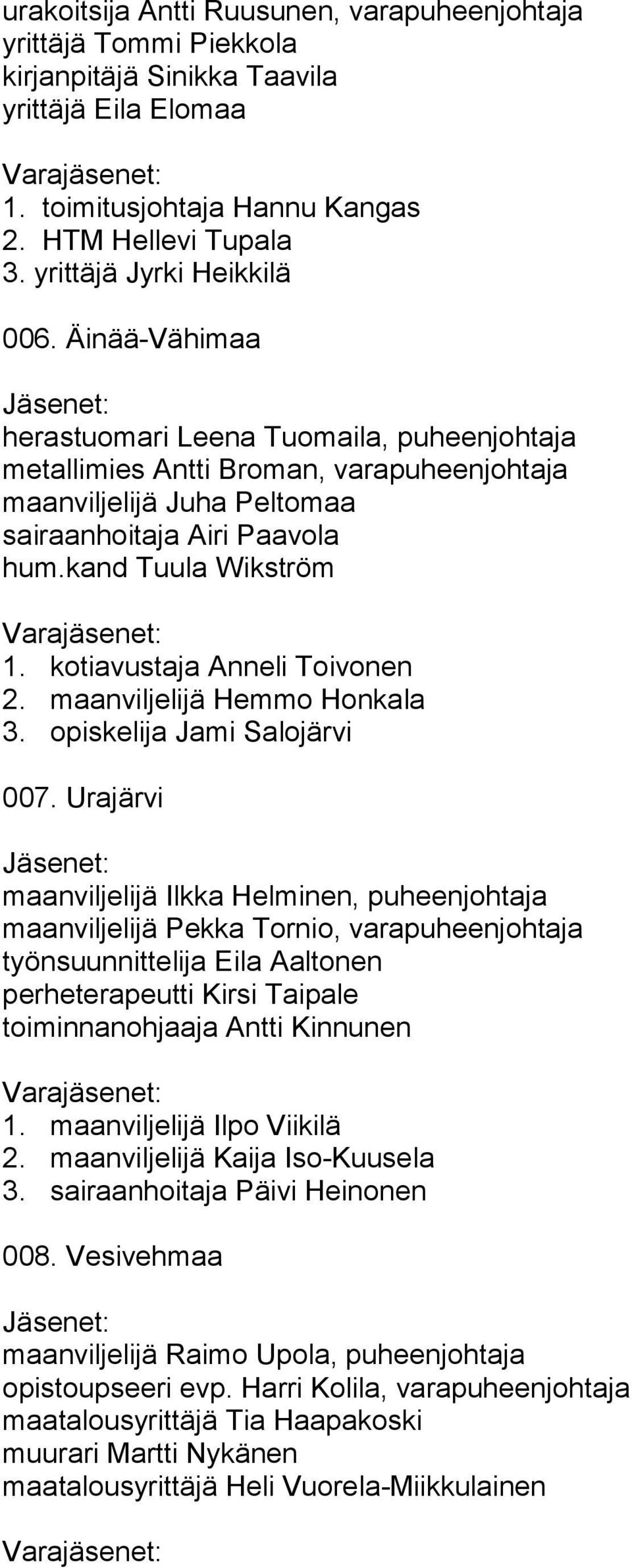 kand Tuula Wikström 1. kotiavustaja Anneli Toivonen 2. maanviljelijä Hemmo Honkala 3. opiskelija Jami Salojärvi 007.