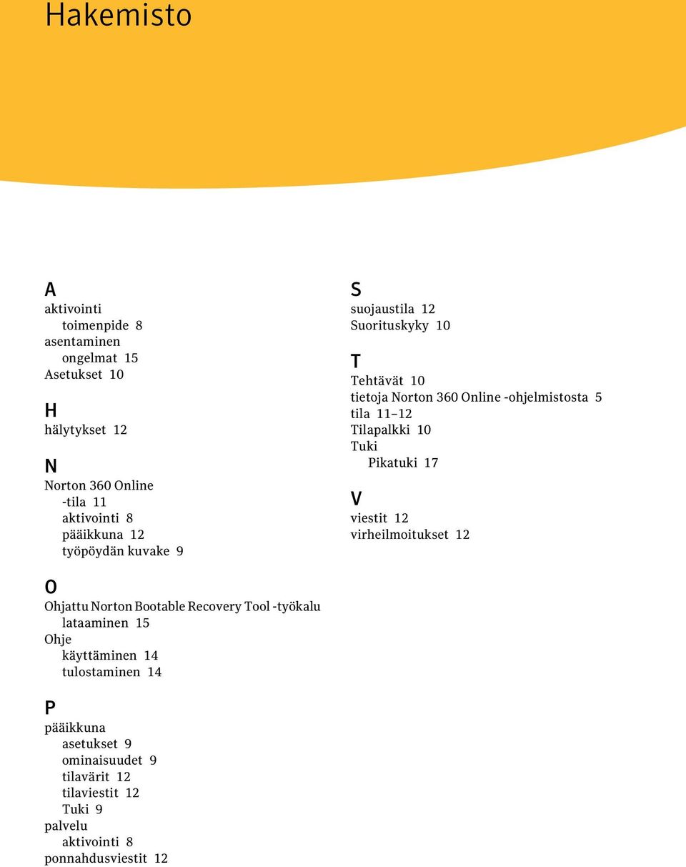 Tilapalkki 10 Tuki Pikatuki 17 V viestit 12 virheilmoitukset 12 O Ohjattu Norton Bootable Recovery Tool -työkalu lataaminen 15 Ohje
