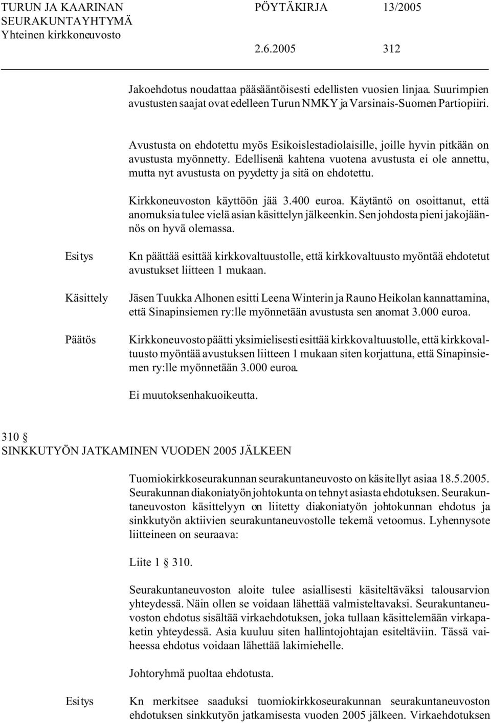 Edellisenä kahtena vuotena avustusta ei ole annettu, mutta nyt avustusta on pyydetty ja sitä on ehdotettu. Kirkkoneuvoston käyttöön jää 3.400 euroa.