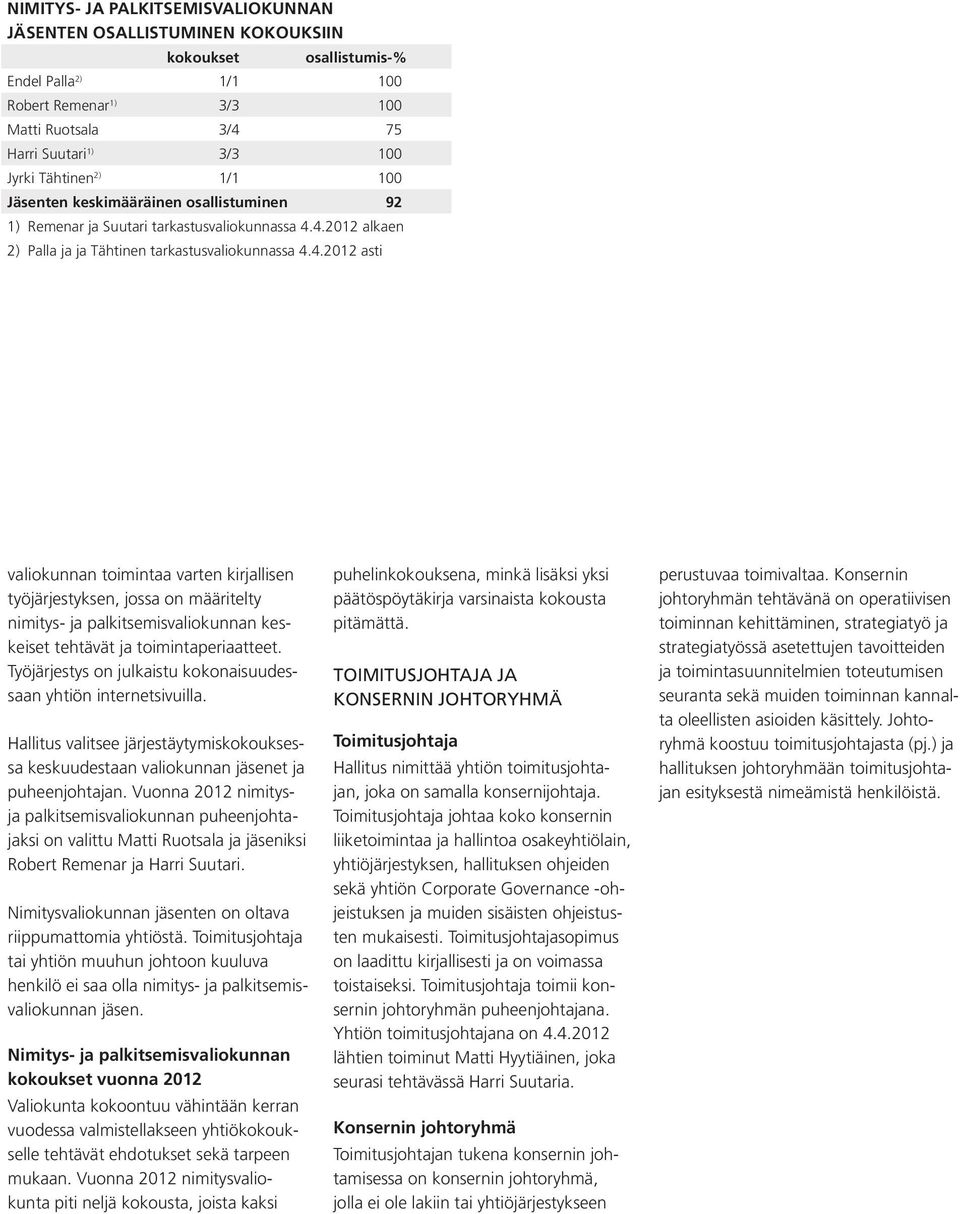 4.2012 alkaen 2) Palla ja ja Tähtinen tarkastusvaliokunnassa 4.4.2012 asti valiokunnan toimintaa varten kirjallisen työjärjestyksen, jossa on määritelty nimitys- ja palkitsemisvaliokunnan keskeiset tehtävät ja toimintaperiaatteet.