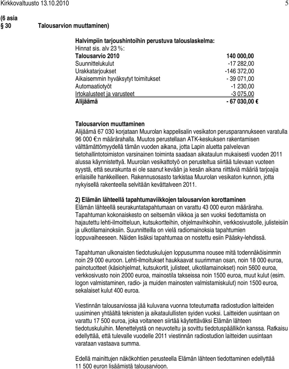 075,00 Alijäämä - 67 030,00 Talousarvion muuttaminen Alijäämä 67 030 korjataan Muurolan kappelisalin vesikaton perusparannukseen varatulla 96 000 :n määrärahalla.