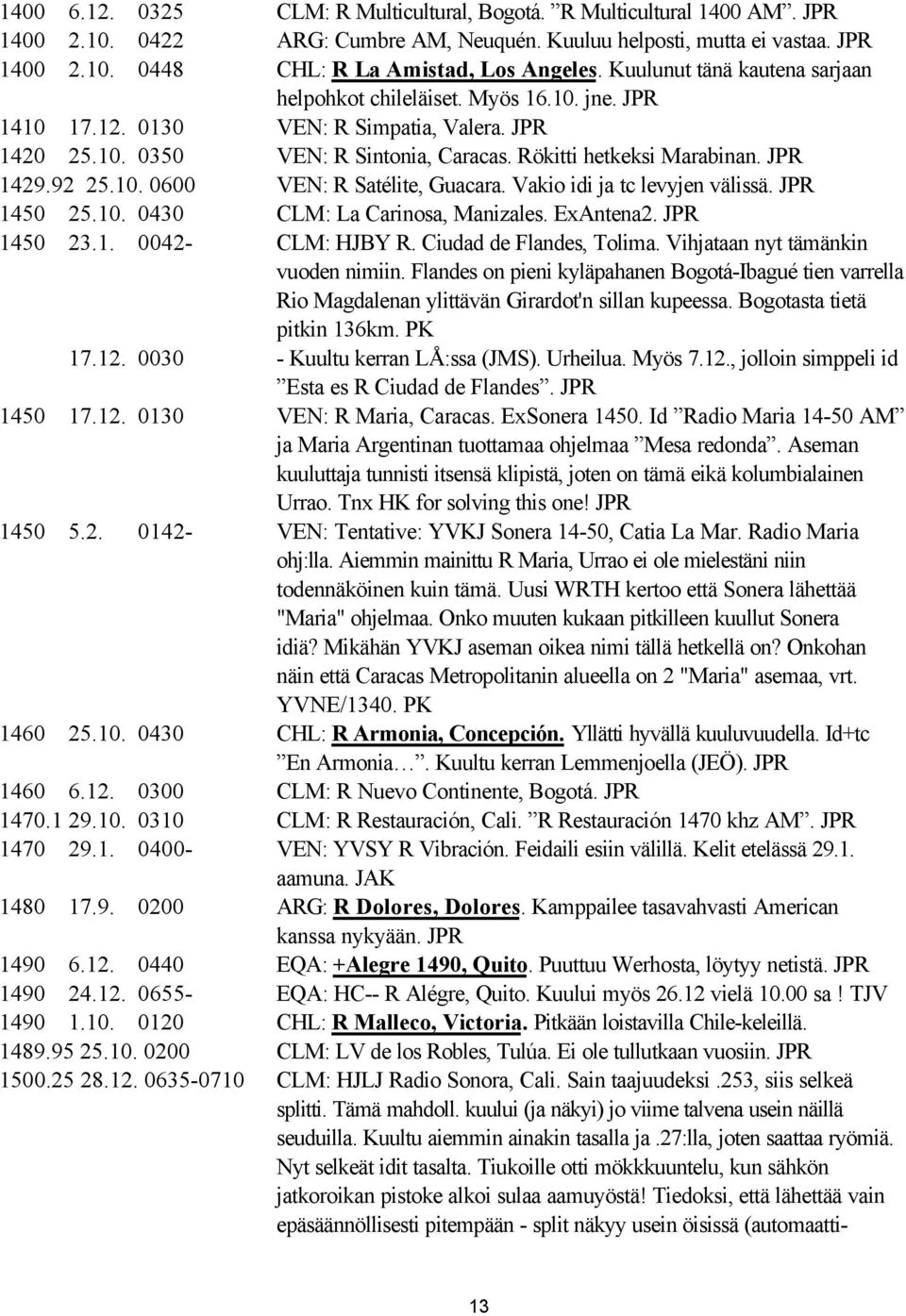 92 25.10. 0600 VEN: R Satélite, Guacara. Vakio idi ja tc levyjen välissä. JPR 1450 25.10. 0430 CLM: La Carinosa, Manizales. ExAntena2. JPR 1450 23.1. 0042- CLM: HJBY R. Ciudad de Flandes, Tolima.