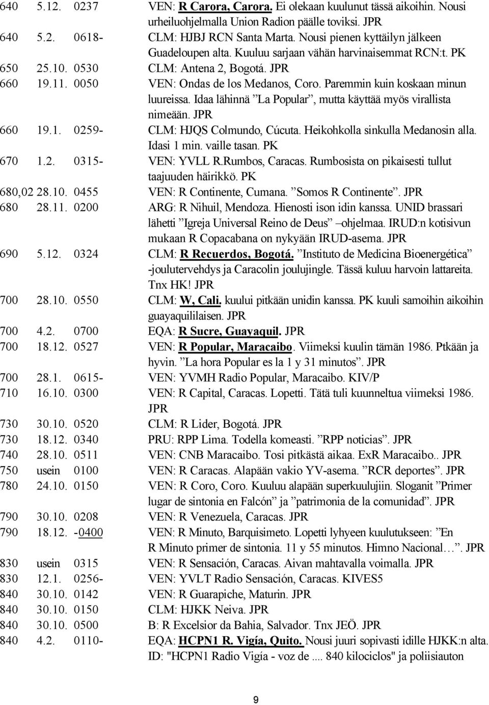 Paremmin kuin koskaan minun luureissa. Idaa lähinnä La Popular, mutta käyttää myös virallista nimeään. JPR 660 19.1. 0259- CLM: HJQS Colmundo, Cúcuta. Heikohkolla sinkulla Medanosin alla. Idasi 1 min.