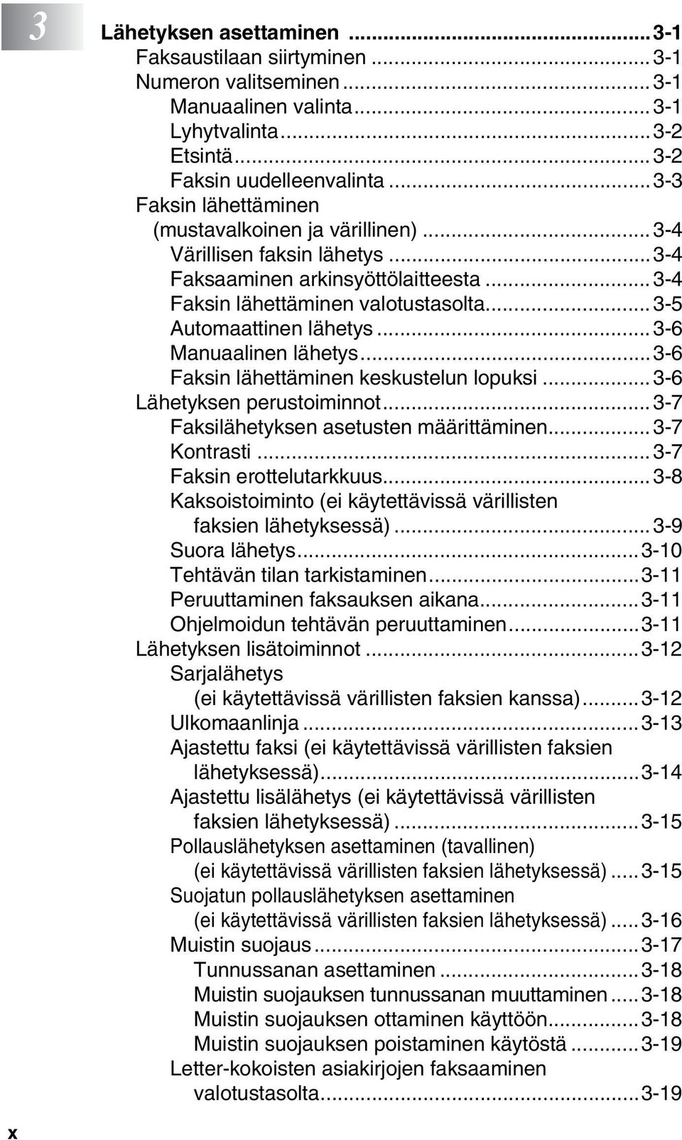 .. 3-6 Manuaalinen lähetys...3-6 Faksin lähettäminen keskustelun lopuksi... 3-6 Lähetyksen perustoiminnot... 3-7 Faksilähetyksen asetusten määrittäminen... 3-7 Kontrasti...3-7 Faksin erottelutarkkuus.