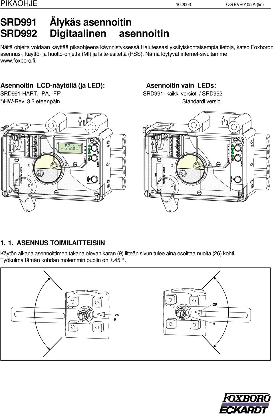 foxboro..fi. Asennoitin LCD-näytöllä (ja LED): Asennoitin vain LEDs: SRD991-HART, -PA, -FF* SRD991- kaikki versiot / SRD992 *) HW-Rev. 3.