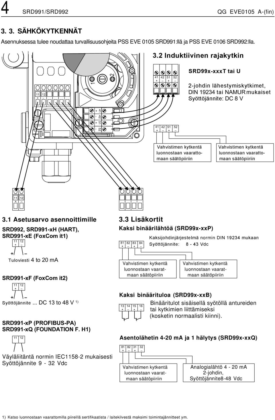 2 Induktiivinen rajakytkin SRD99x-xxxT tai U 2-johdin lähestymiskytkimet, 1 ' tai ) 7 4 mukaiset Syöttöjännite, + & 8 luonnostaan vaarattomaan luonnostaan vaarattomaan 3.