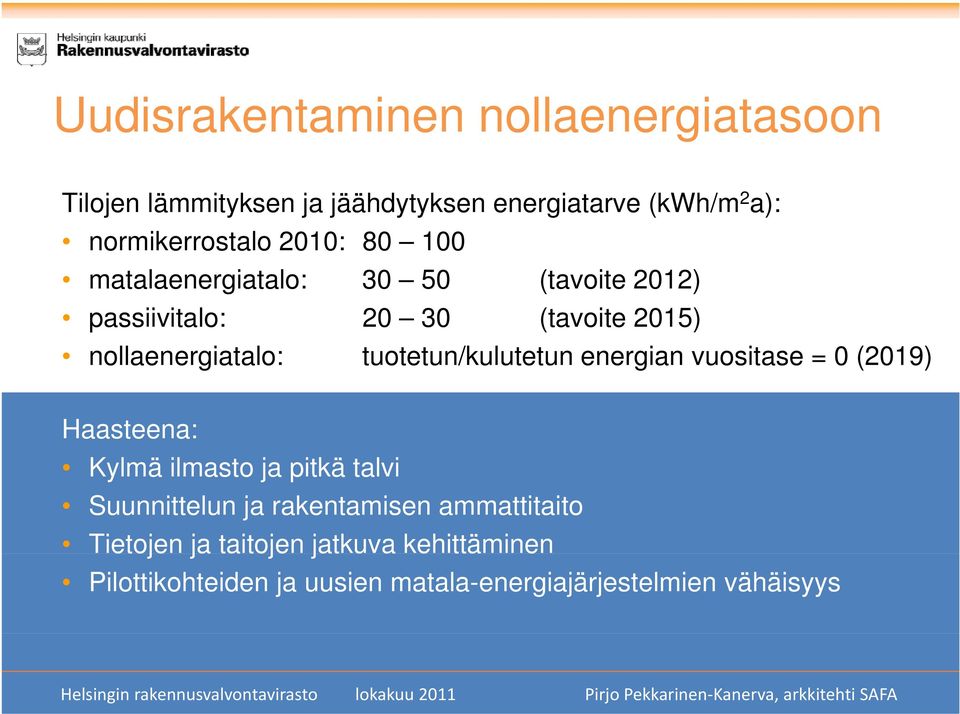 vuositase = 0 (2019) Haasteena: Kylmä ilmasto ja pitkä talvi Suunnittelun ja rakentamisen ammattitaito Tietojen ja taitojen