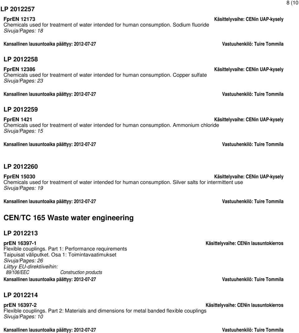 Copper sulfate Sivuja/Pages: 23 8 (10 LP 2012259 FprEN 1421 Chemicals used for treatment of water intended for human consumption.