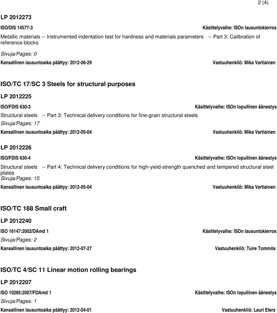 -- Part 3: Technical delivery conditions for fine-grain structural steels Sivuja/Pages: 17 Kansallinen lausuntoaika päättyy: 2012-05-04 LP 2012226 ISO/FDIS 630-4 Käsittelyvaihe: ISOn lopullinen