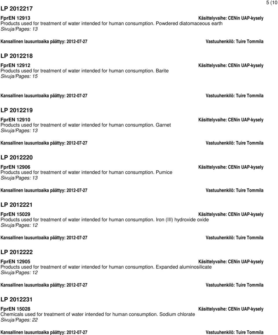 Barite Sivuja/Pages: 15 LP 2012219 FprEN 12910 Products used for treatment of water intended for human consumption.