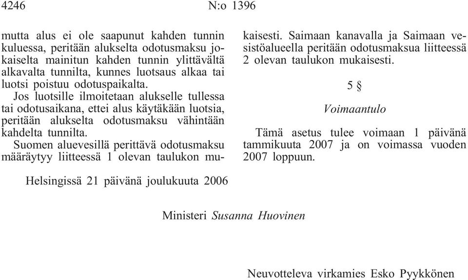 Suomen aluevesillä perittävä odotusmaksu määräytyy liitteessä 1 olevan taulukon mukaisesti.