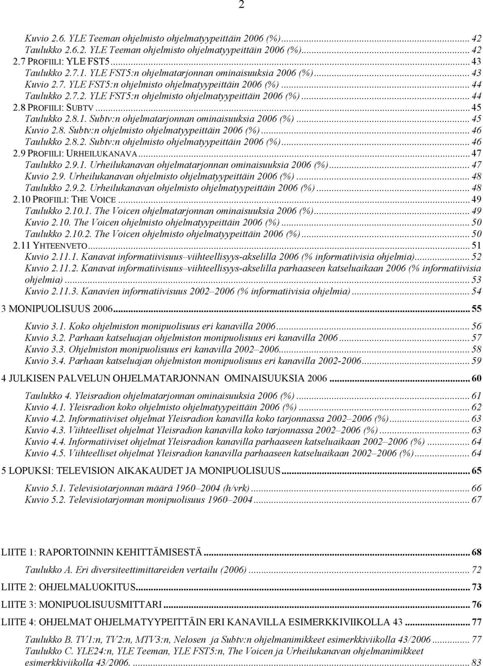 8 PROFIILI: SUBTV... 45 Taulukko 2.8.1. Subtv:n ohjelmatarjonnan ominaisuuksia 2006 (%)... 45 Kuvio 2.8. Subtv:n ohjelmisto ohjelmatyypeittäin 2006 (%)... 46 Taulukko 2.8.2. Subtv:n ohjelmisto ohjelmatyypeittäin 2006 (%)... 46 2.