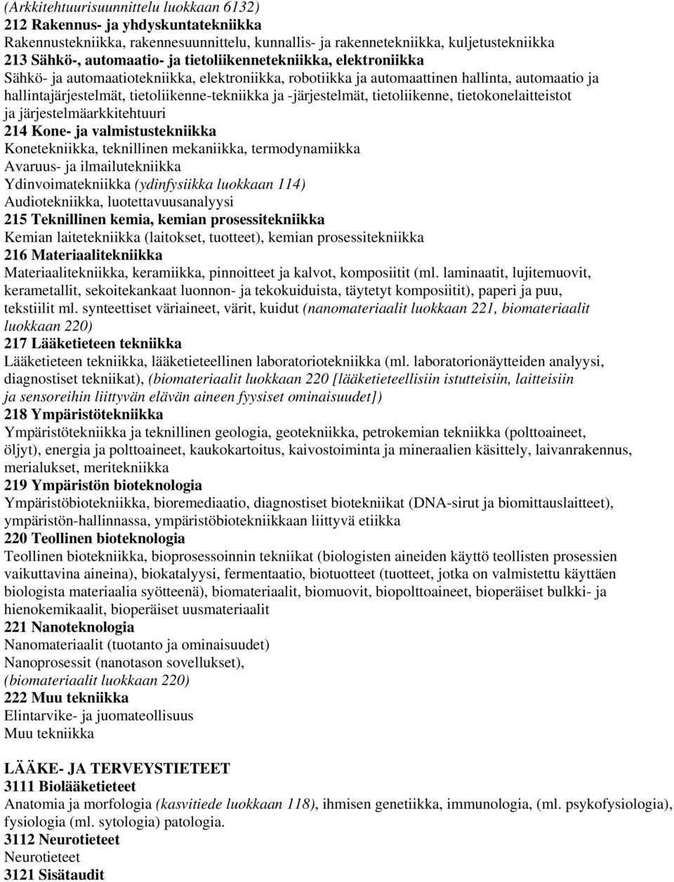 tietoliikenne, tietokonelaitteistot ja järjestelmäarkkitehtuuri 214 Kone- ja valmistustekniikka Konetekniikka, teknillinen mekaniikka, termodynamiikka Avaruus- ja ilmailutekniikka Ydinvoimatekniikka