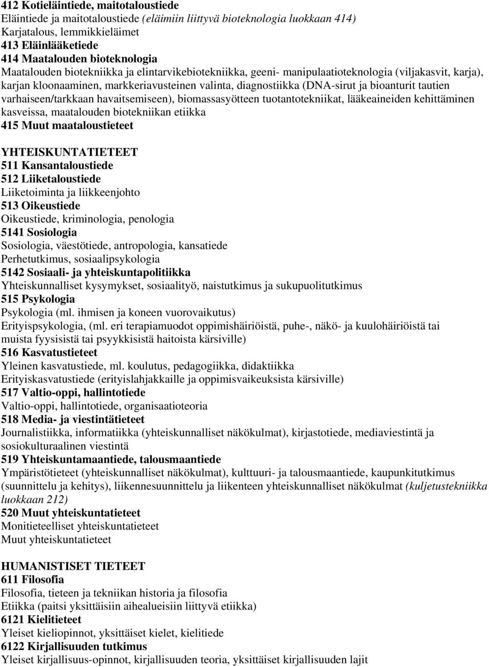 tautien varhaiseen/tarkkaan havaitsemiseen), biomassasyötteen tuotantotekniikat, lääkeaineiden kehittäminen kasveissa, maatalouden biotekniikan etiikka 415 Muut maataloustieteet YHTEISKUNTATIETEET