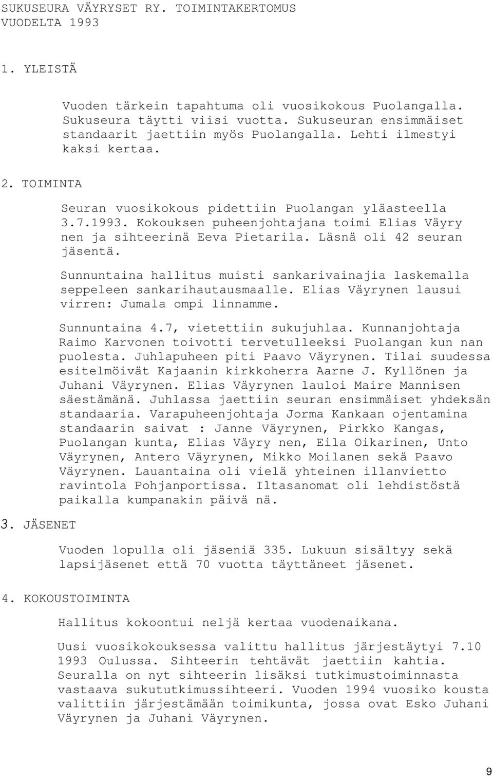 Kokouksen puheenjohtajana toimi Elias Väyry nen ja sihteerinä Eeva Pietarila. Läsnä oli 42 seuran jäsentä. Sunnuntaina hallitus muisti sankarivainajia laskemalla seppeleen sankarihautausmaalle.