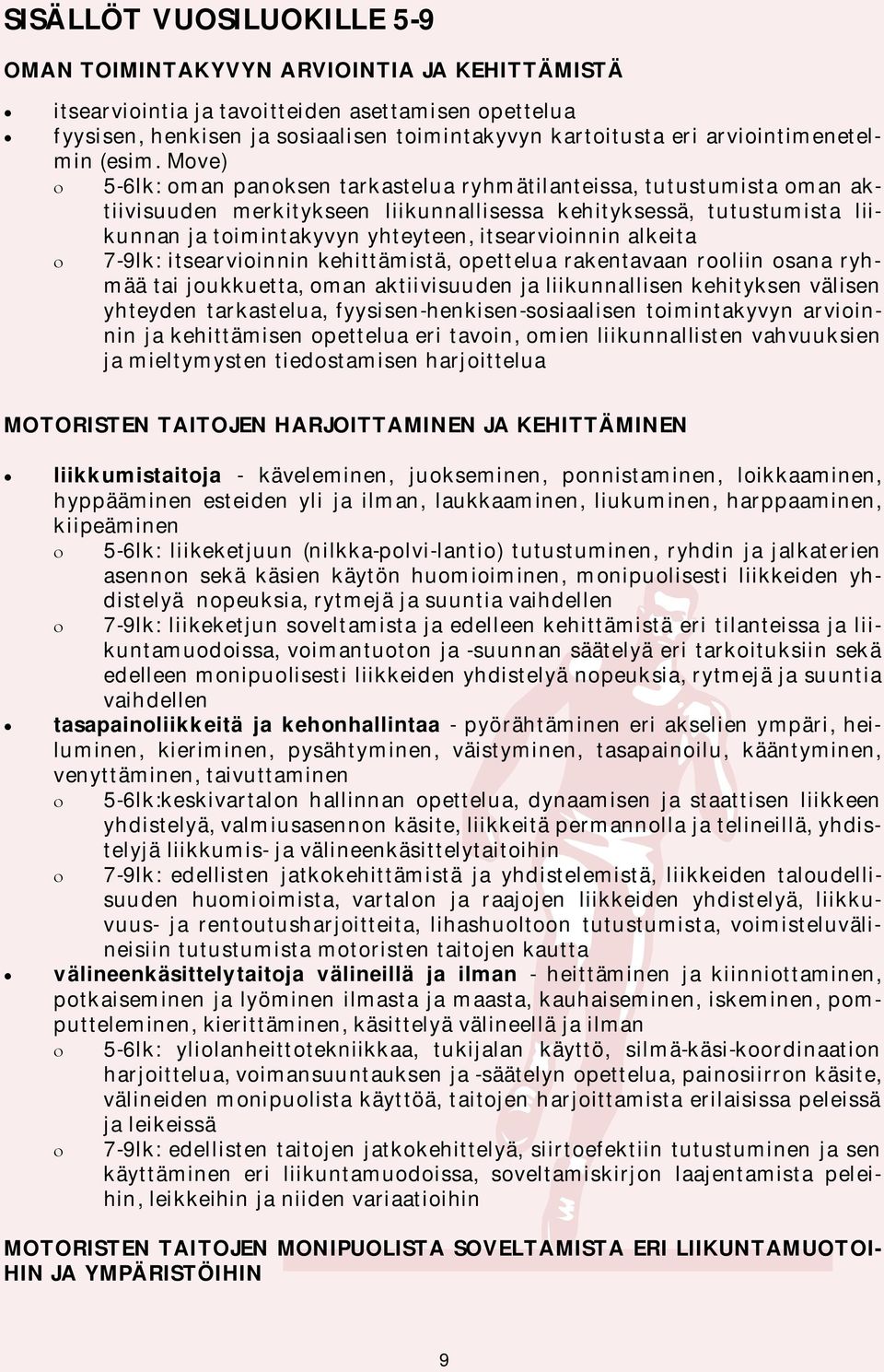 Move) 5-6lk: oman panoksen tarkastelua ryhmätilanteissa, tutustumista oman aktiivisuuden merkitykseen liikunnallisessa kehityksessä, tutustumista liikunnan ja toimintakyvyn yhteyteen, itsearvioinnin